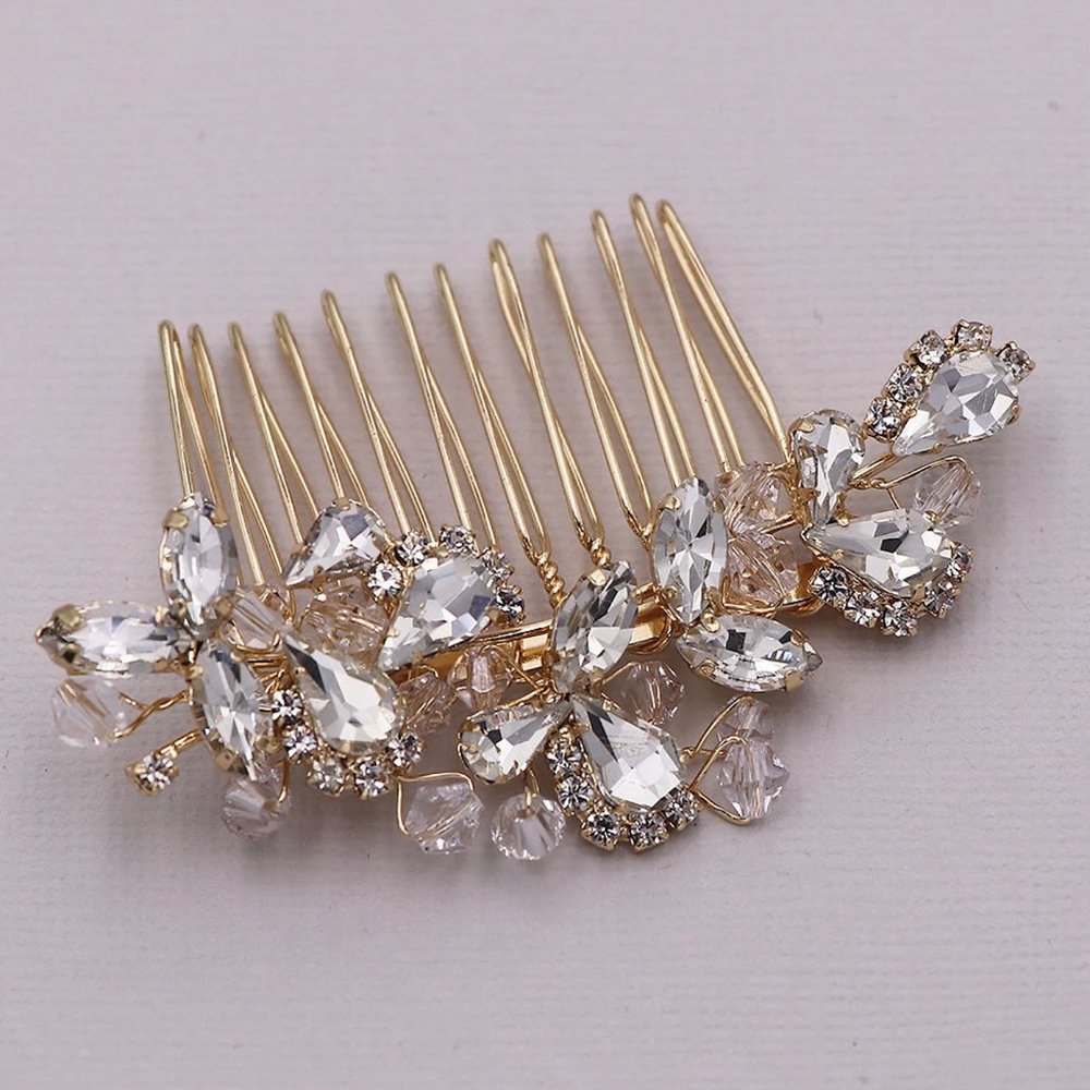 NWT - Gold Bridal Comb with Rhinestone and Crystals